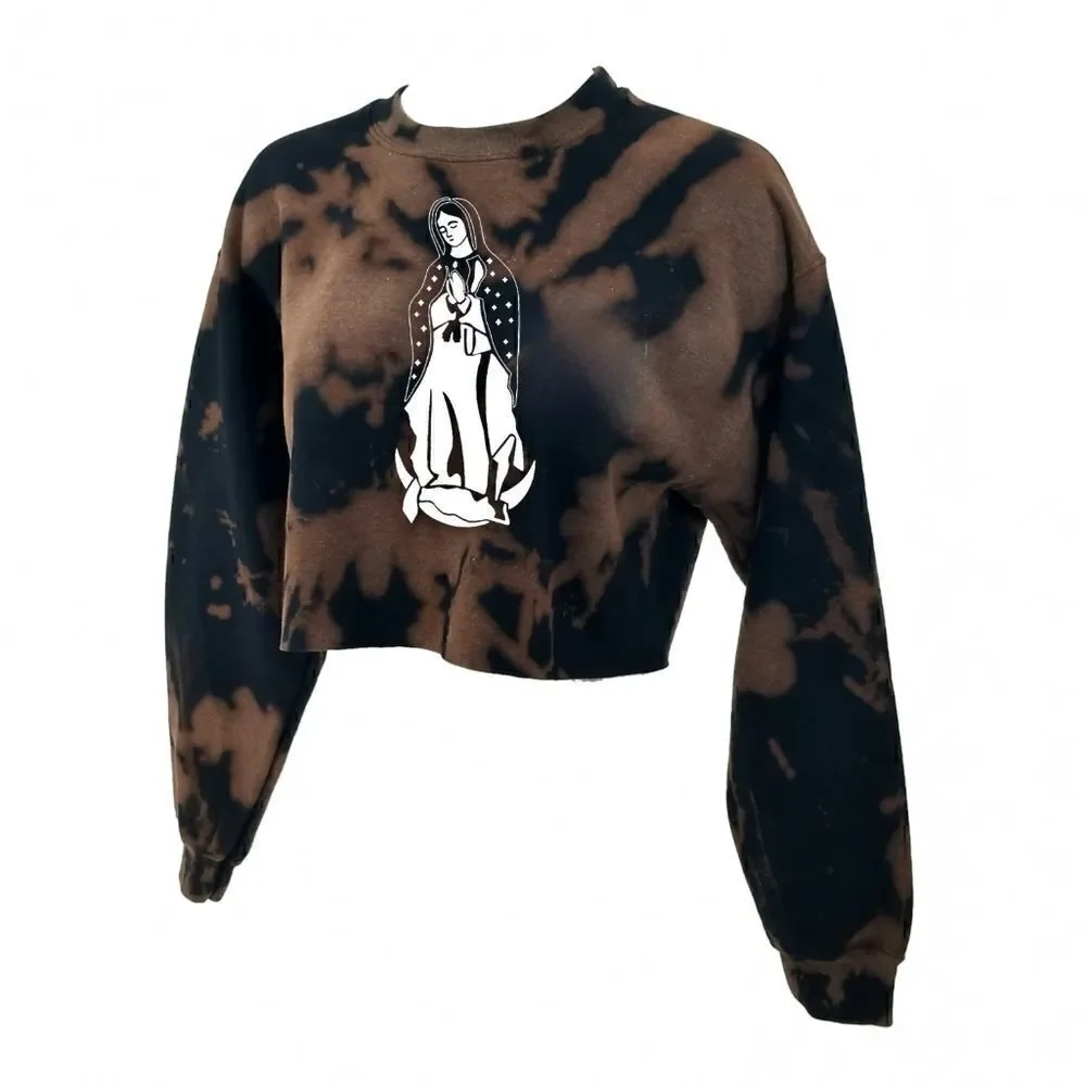 LA VIRGEN DE GUADALUPE Acid Wash Crop Top Long Sleeve Crewneck Sweatshirt latina - Picture 3 of 5